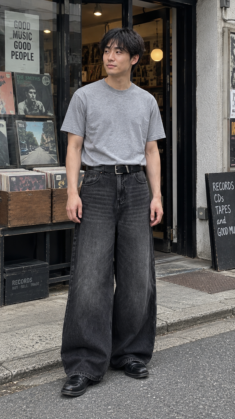 AI-styled look: Classic Wide-Leg Denim Jeans — black denim · record shop