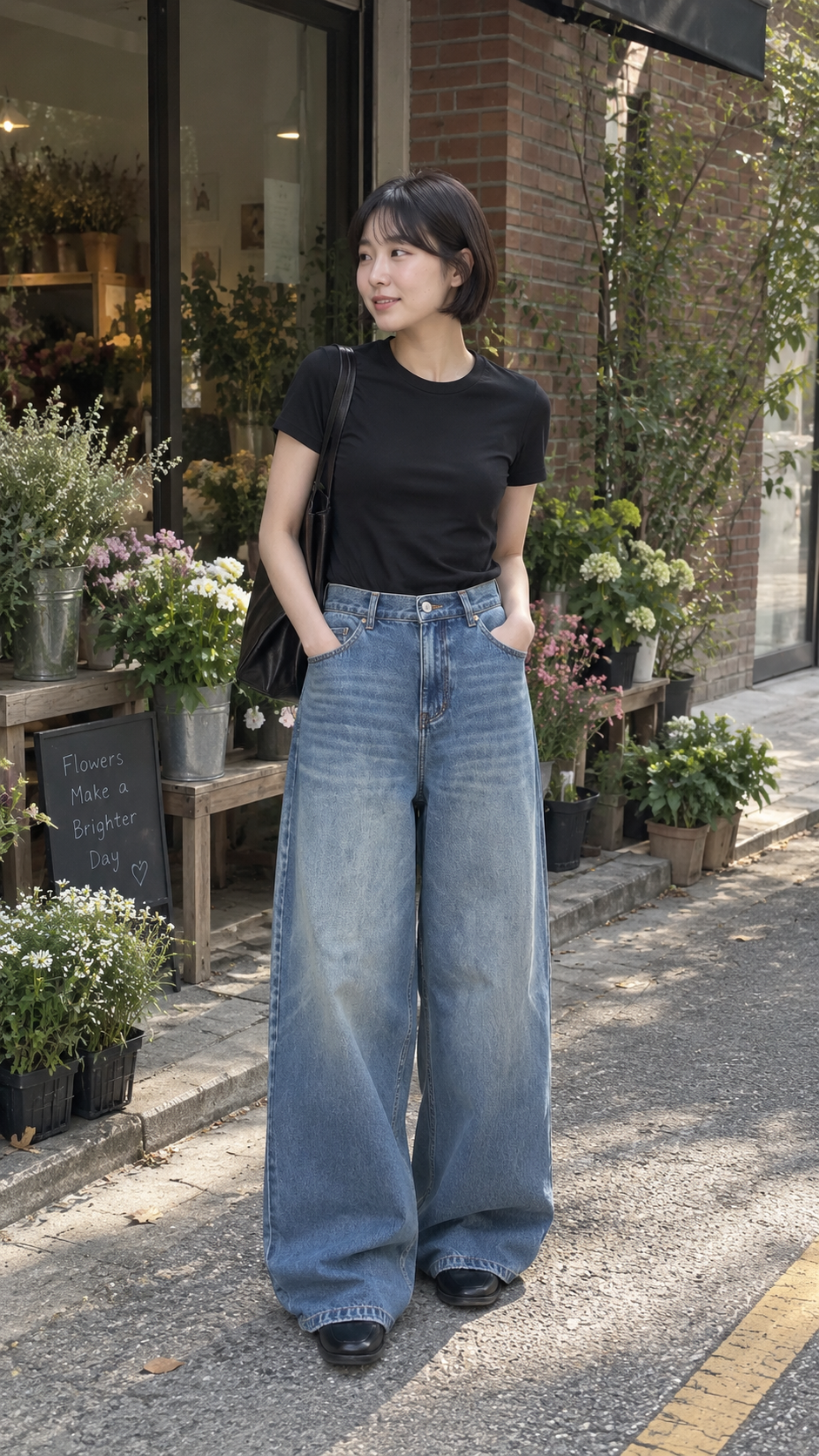AI-styled look: Classic Wide-Leg Denim Jeans — blue denim · weekend market