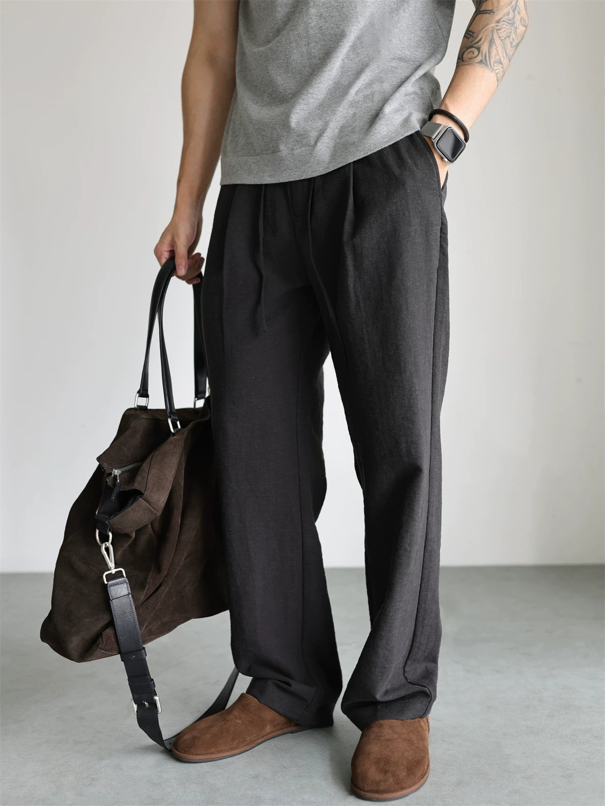 Linen-Blend Drawstring Straight-Leg Pants product view 3