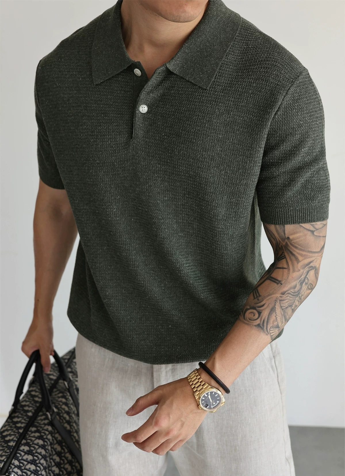 Linen-Blend Knit Open-Collar Polo product view 1