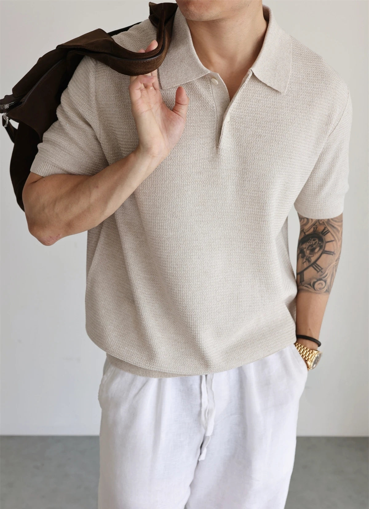Linen-Blend Knit Open-Collar Polo product view 3