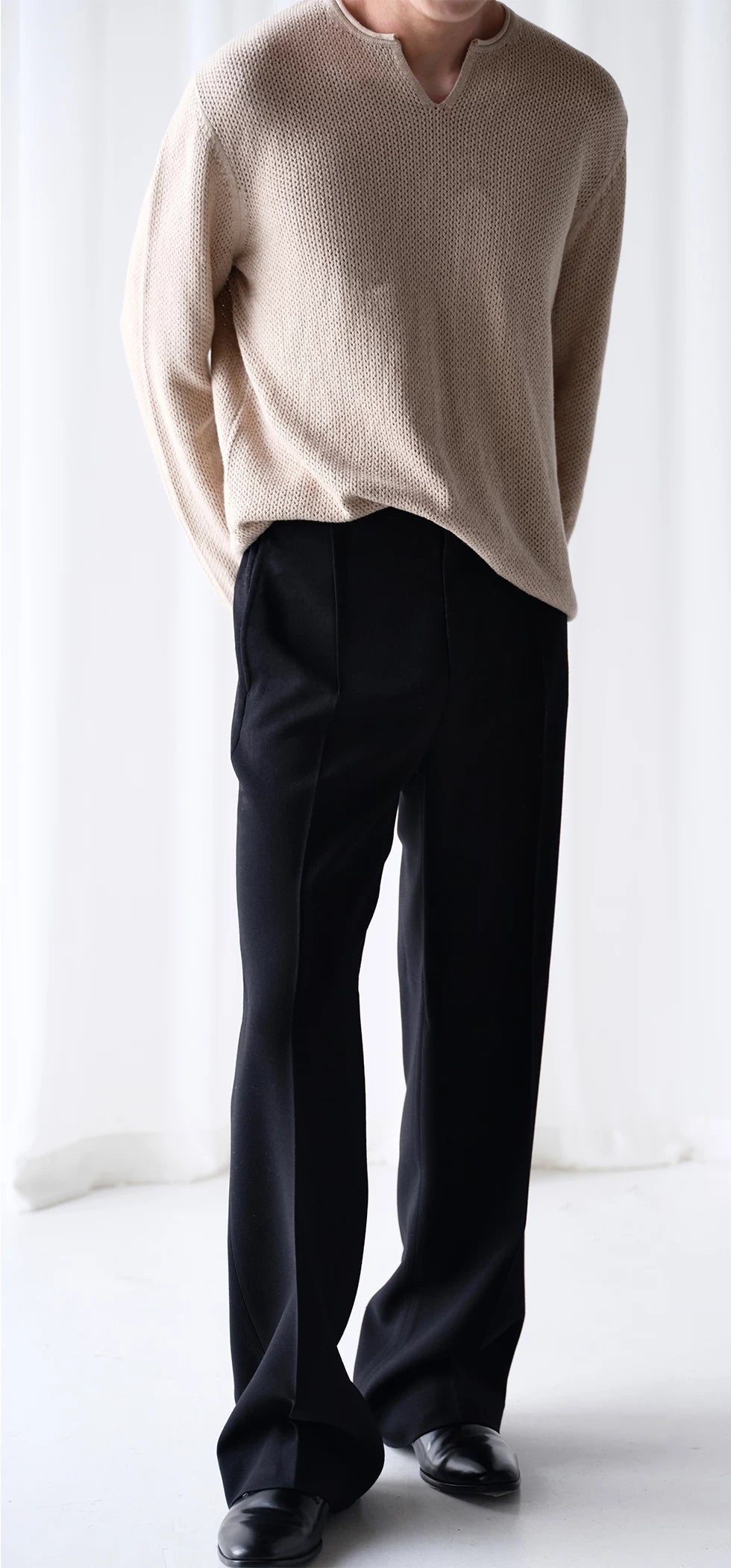 Rolled-Edge Honeycomb V-Neck Sweater product view 1