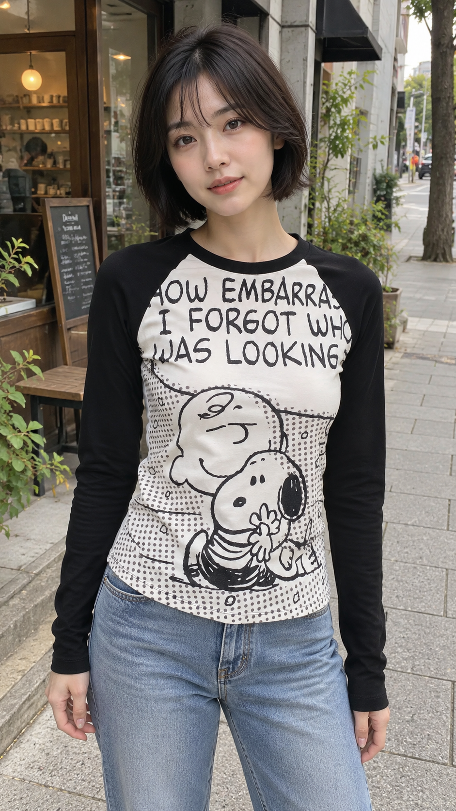 AI-styled showcase 1: Comic-Graphic Raglan Stretch T-Shirt in black, casual everyday outfit.