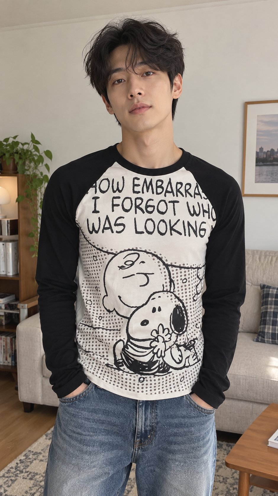 AI-styled showcase 4: Comic-Graphic Raglan Stretch T-Shirt in black, casual everyday outfit.