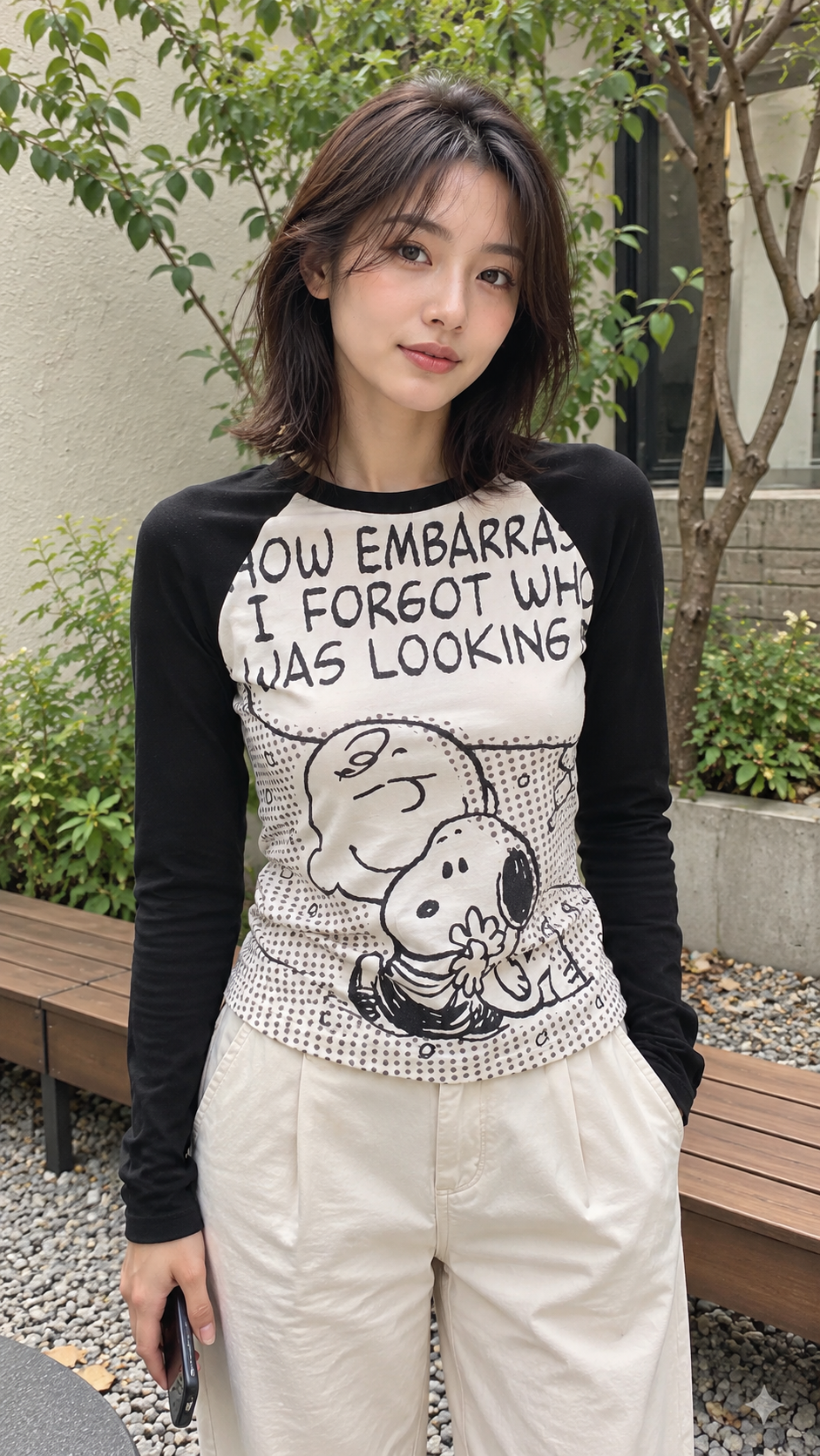 AI-styled showcase 5: Comic-Graphic Raglan Stretch T-Shirt in black, casual everyday outfit.