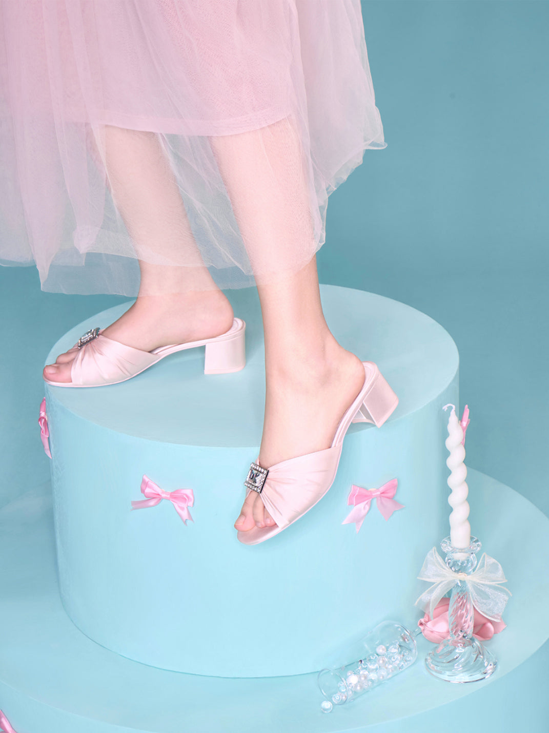 Pink Satin Crystal-Buckle Heel Slides - View 3