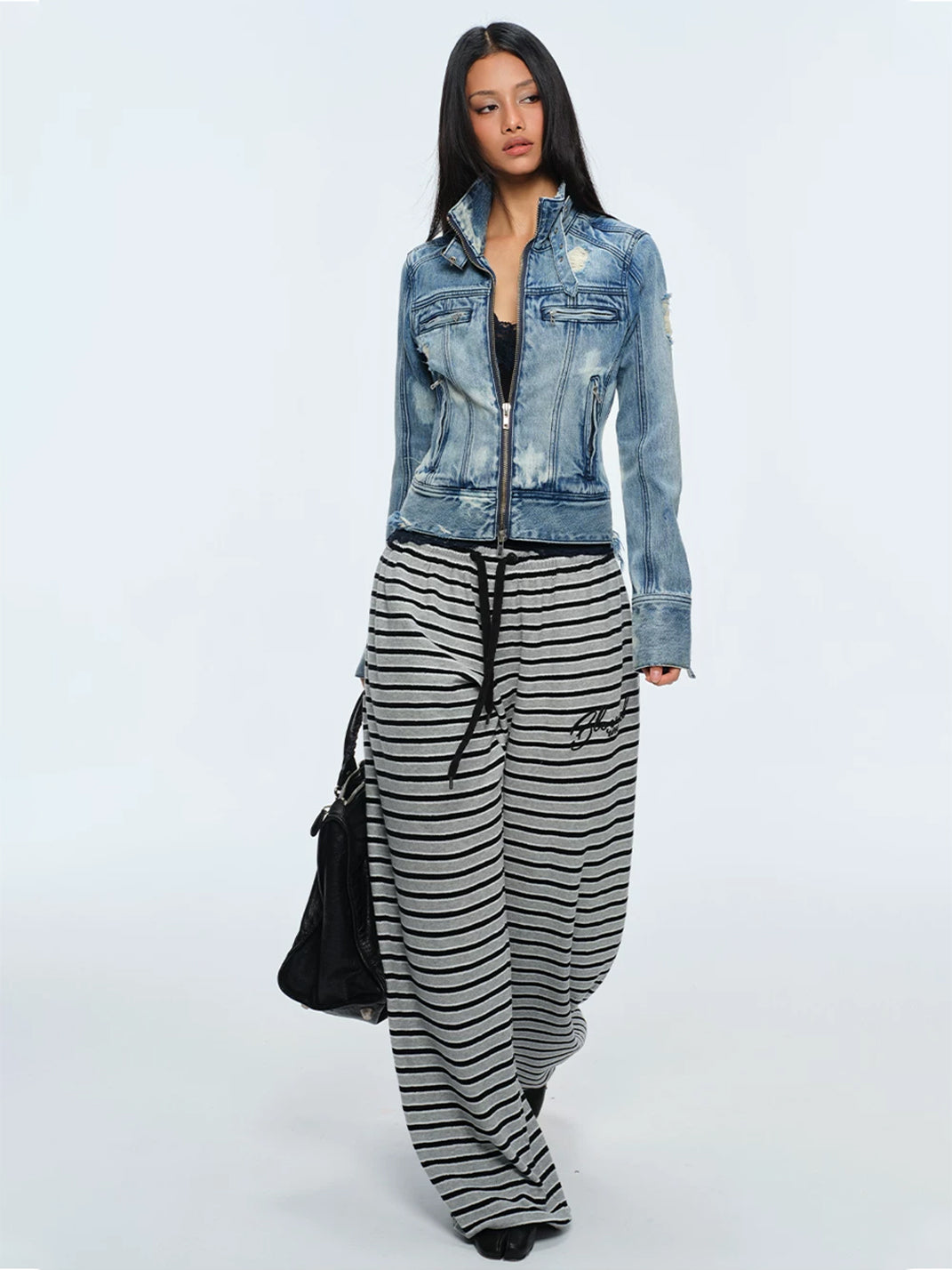 Contour-Seam Distressed Denim Moto Jacket — product view 5