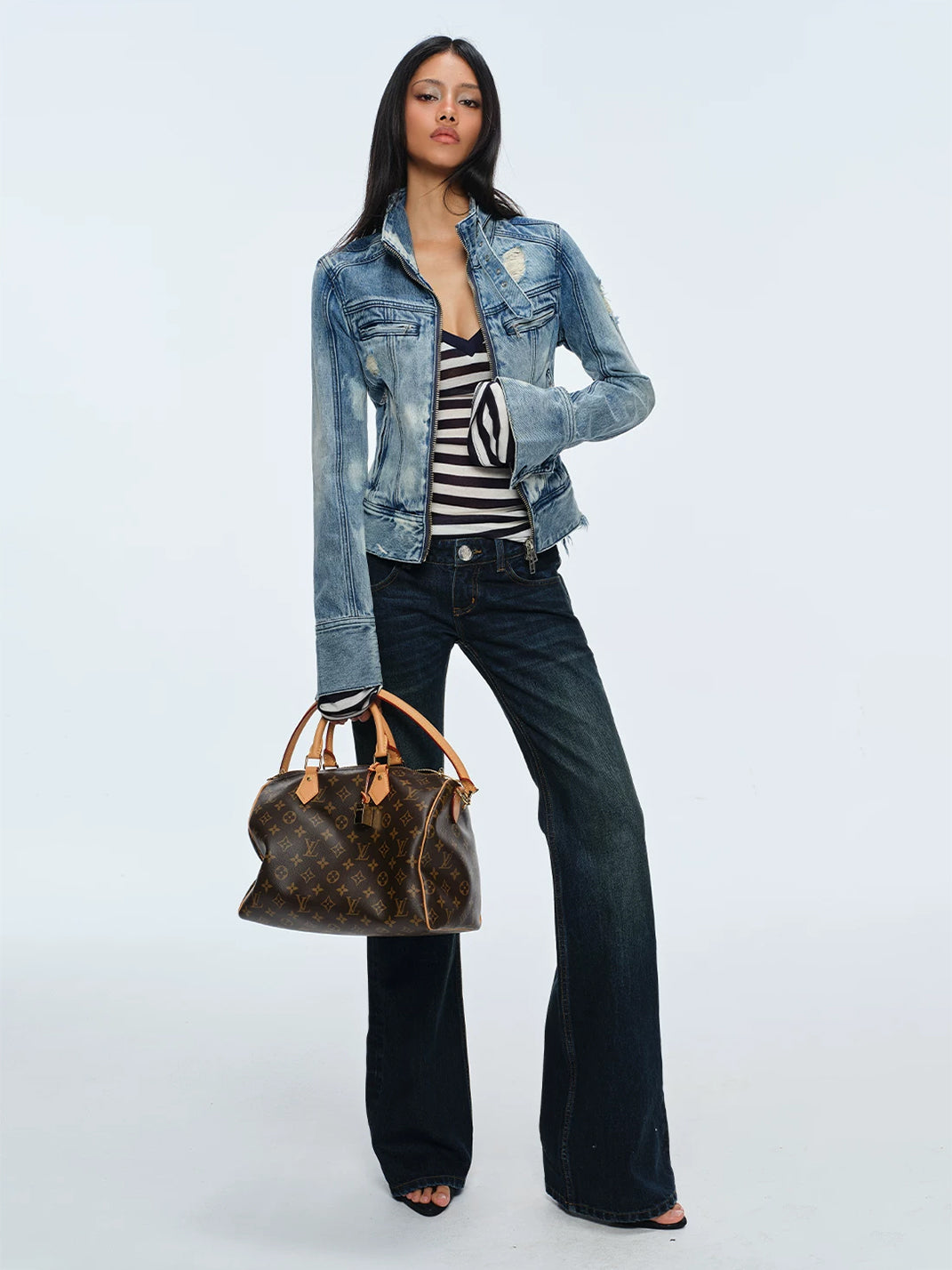 Contour-Seam Distressed Denim Moto Jacket — product view 6