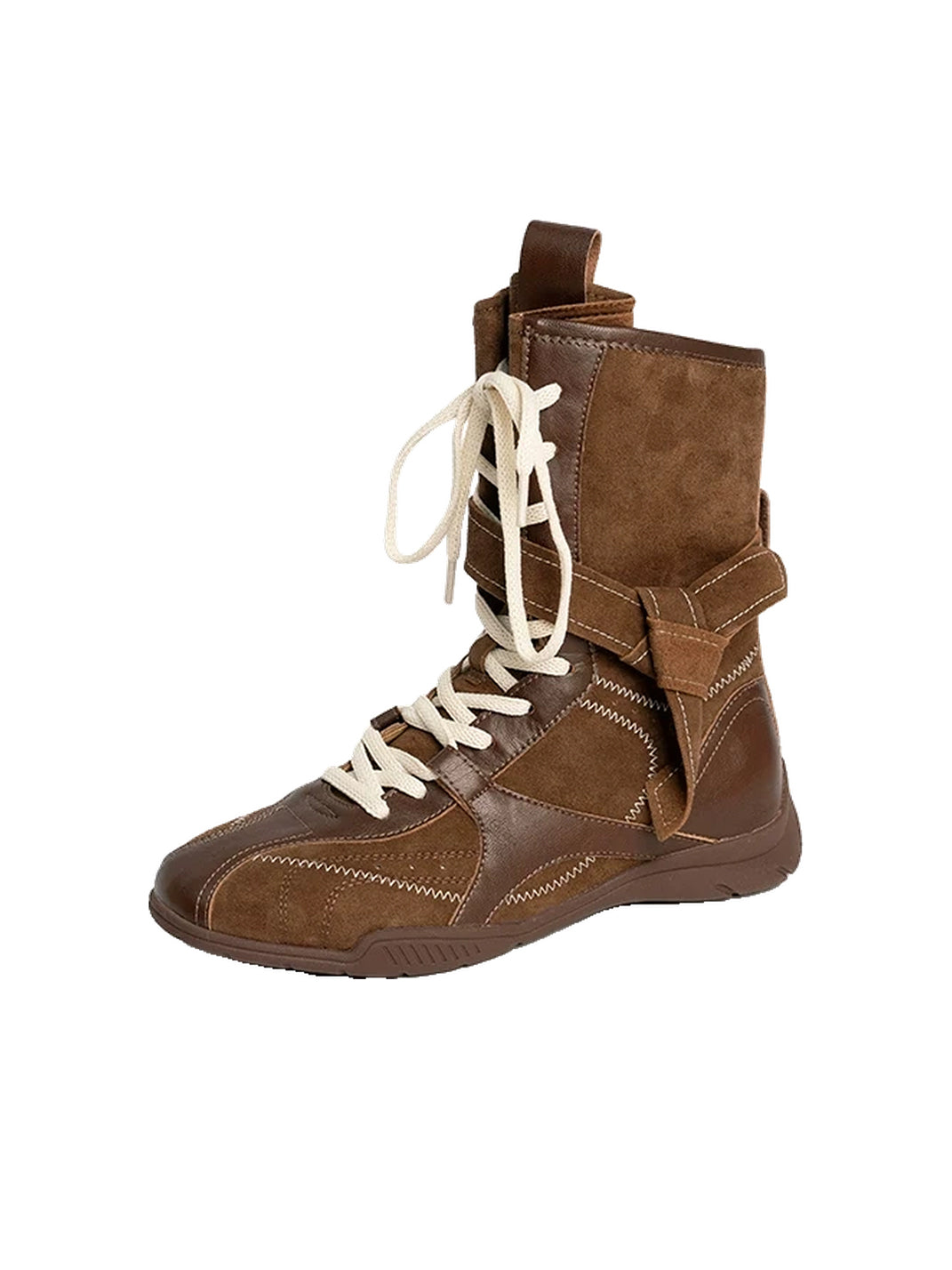 Contrast-Stitch Leather Mid-Calf Lace-Up Boots - product view