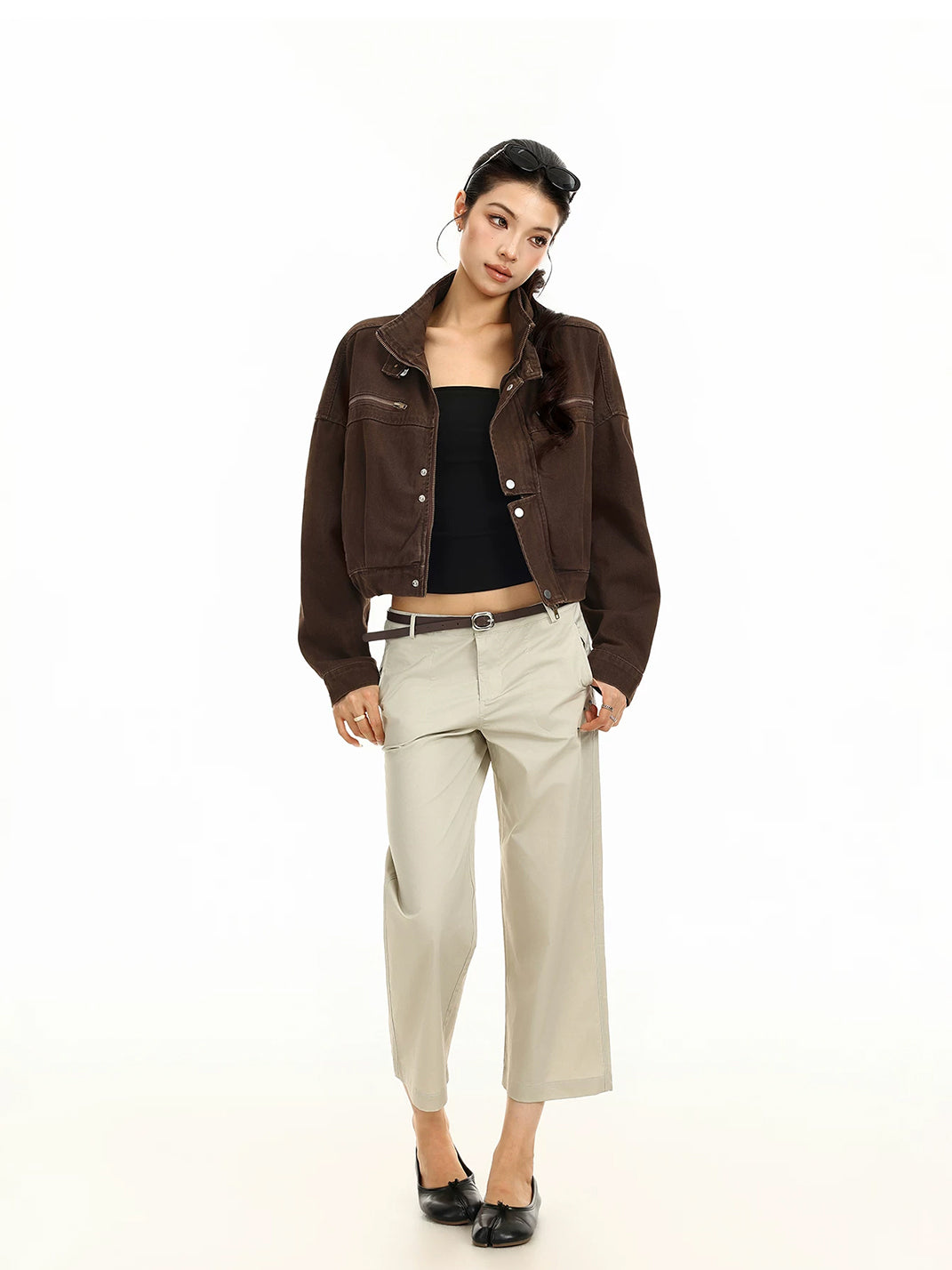 Cotton Denim Cropped Zip-Pocket Biker Jacket - view 4