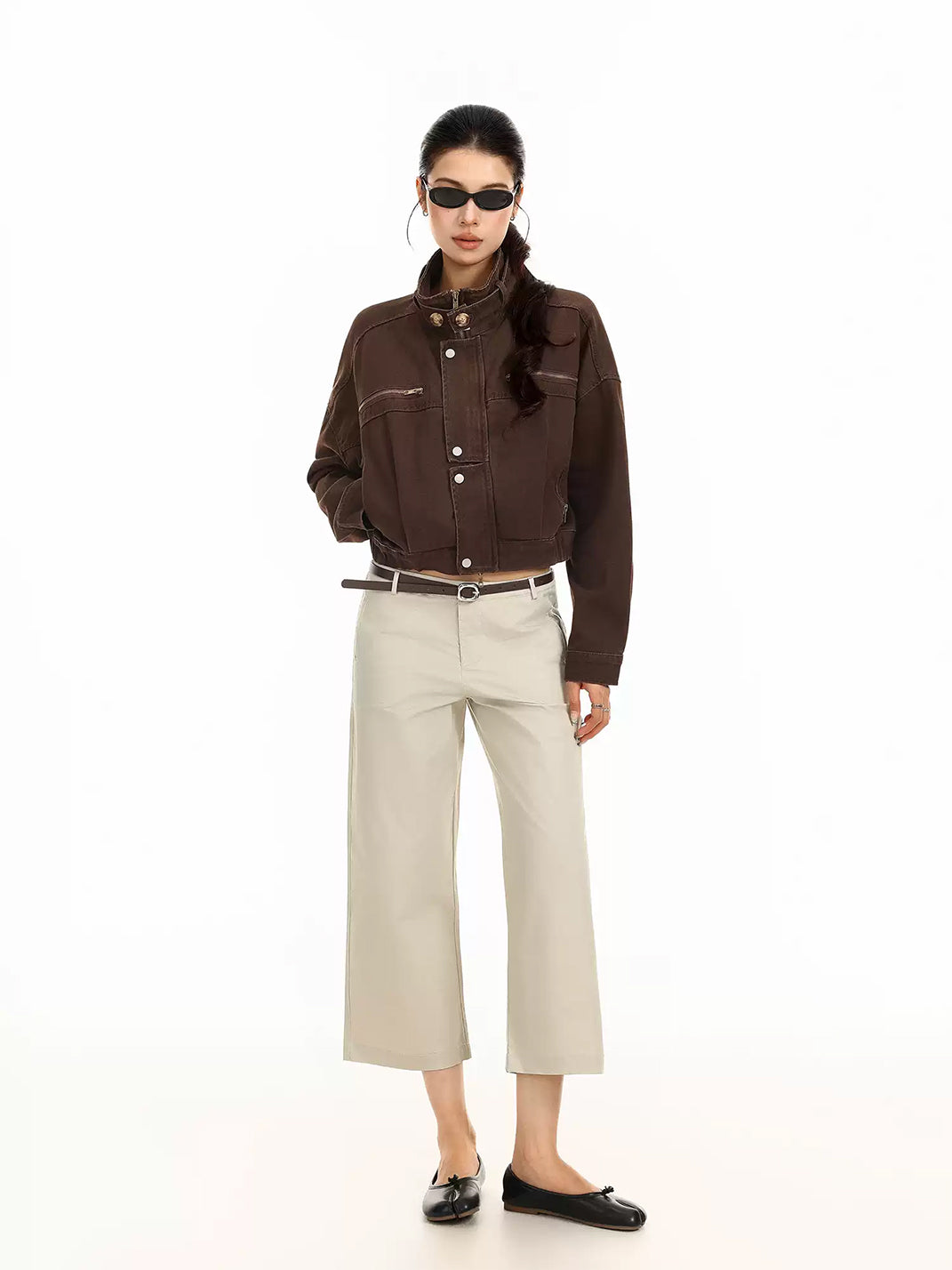 Cotton Denim Cropped Zip-Pocket Biker Jacket - view 5