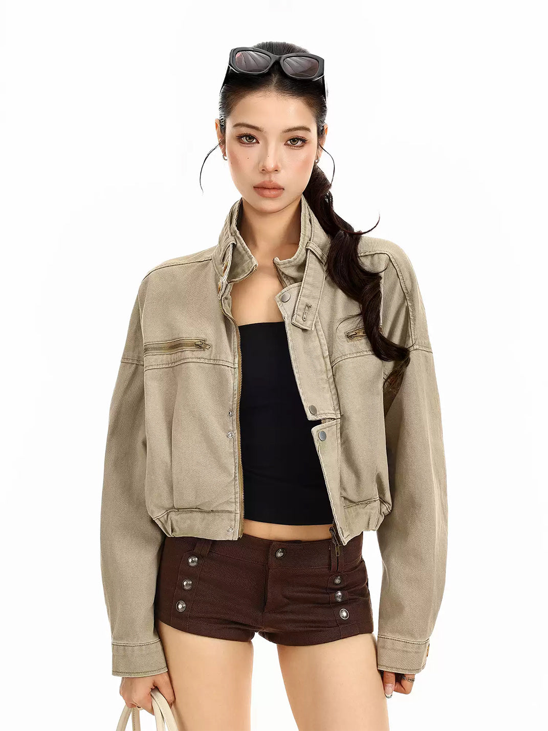 Cotton Denim Cropped Zip-Pocket Biker Jacket - view 8