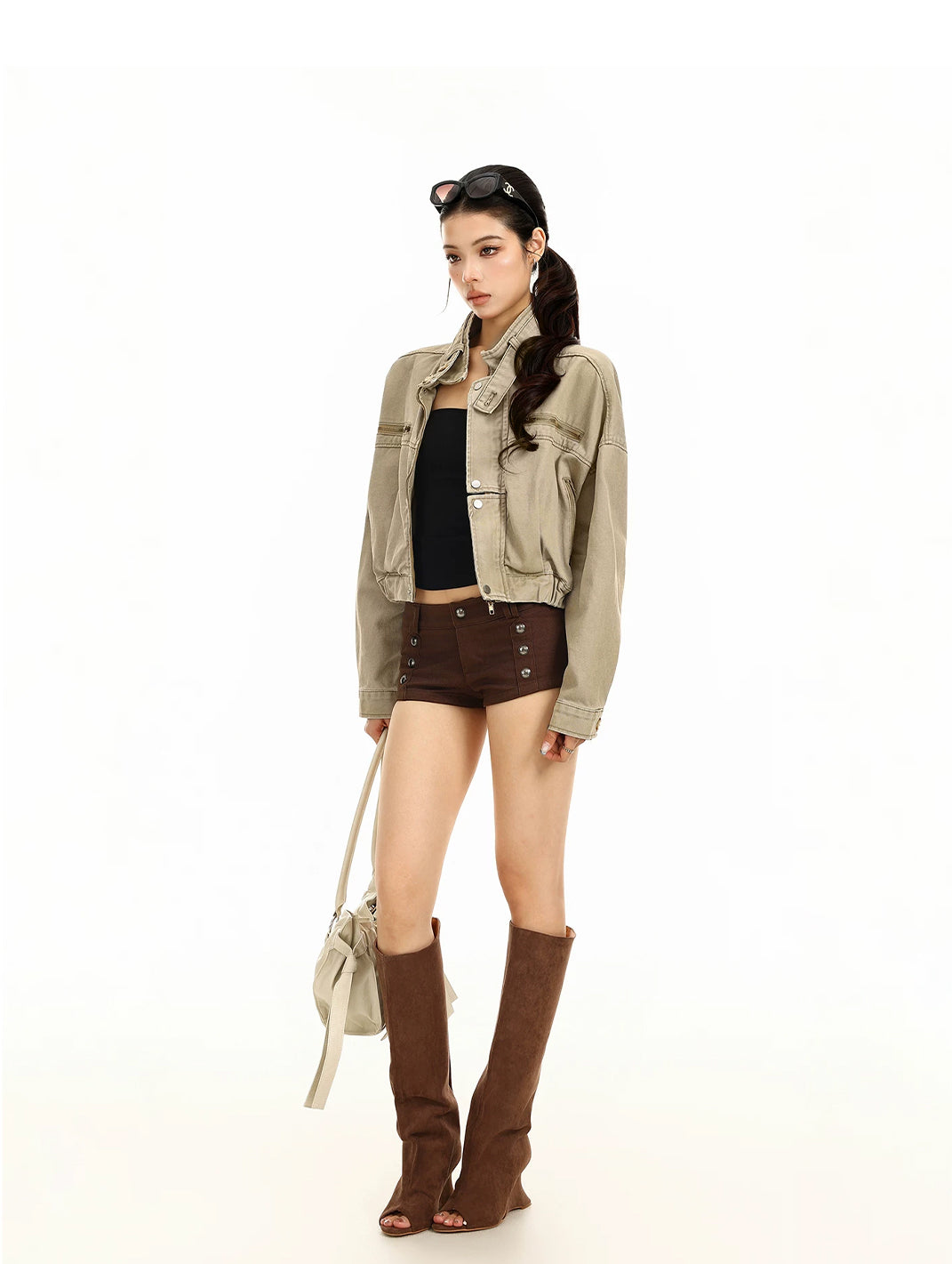 Cotton Denim Cropped Zip-Pocket Biker Jacket - view 9