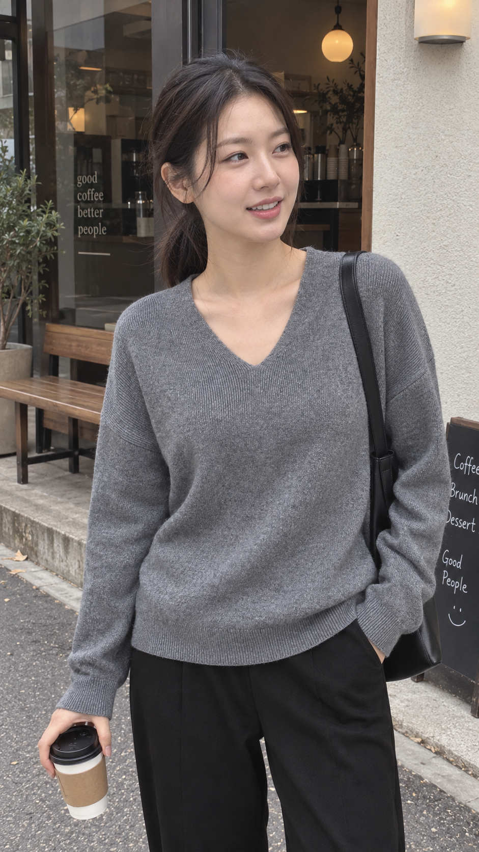 AI-styled look: Cozy Line V‑Neck Relaxed Knit Sweater in Dark Gray — Morning corner cafe