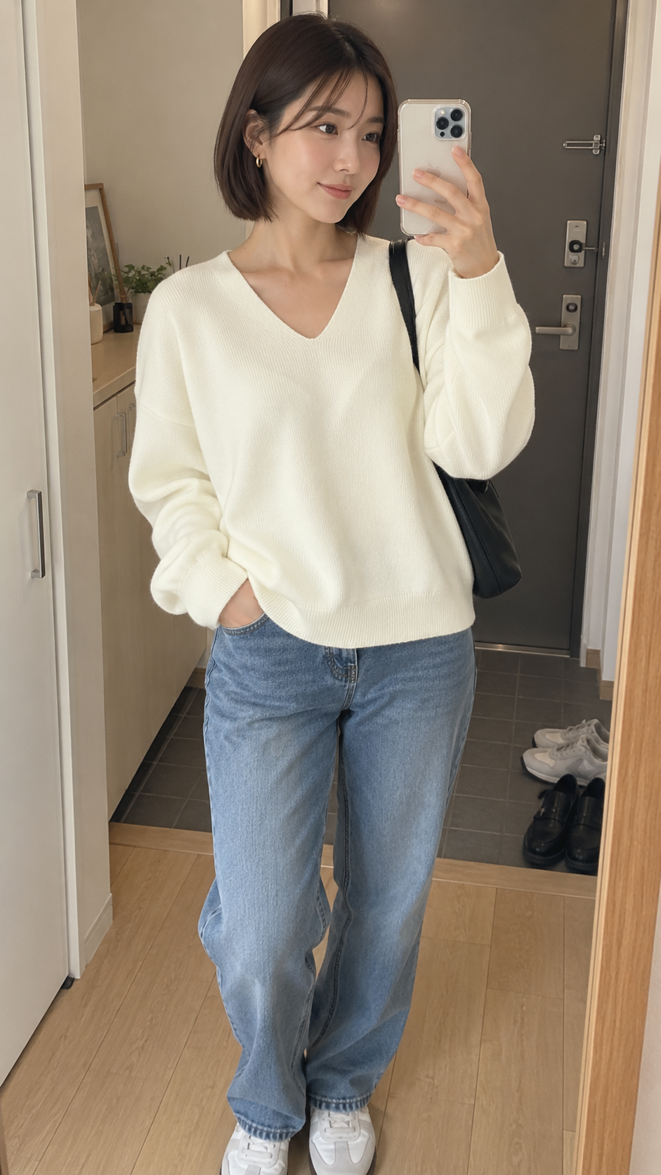 AI-styled look: Cozy Line V‑Neck Relaxed Knit Sweater in Milky White — At-home mirror outfit