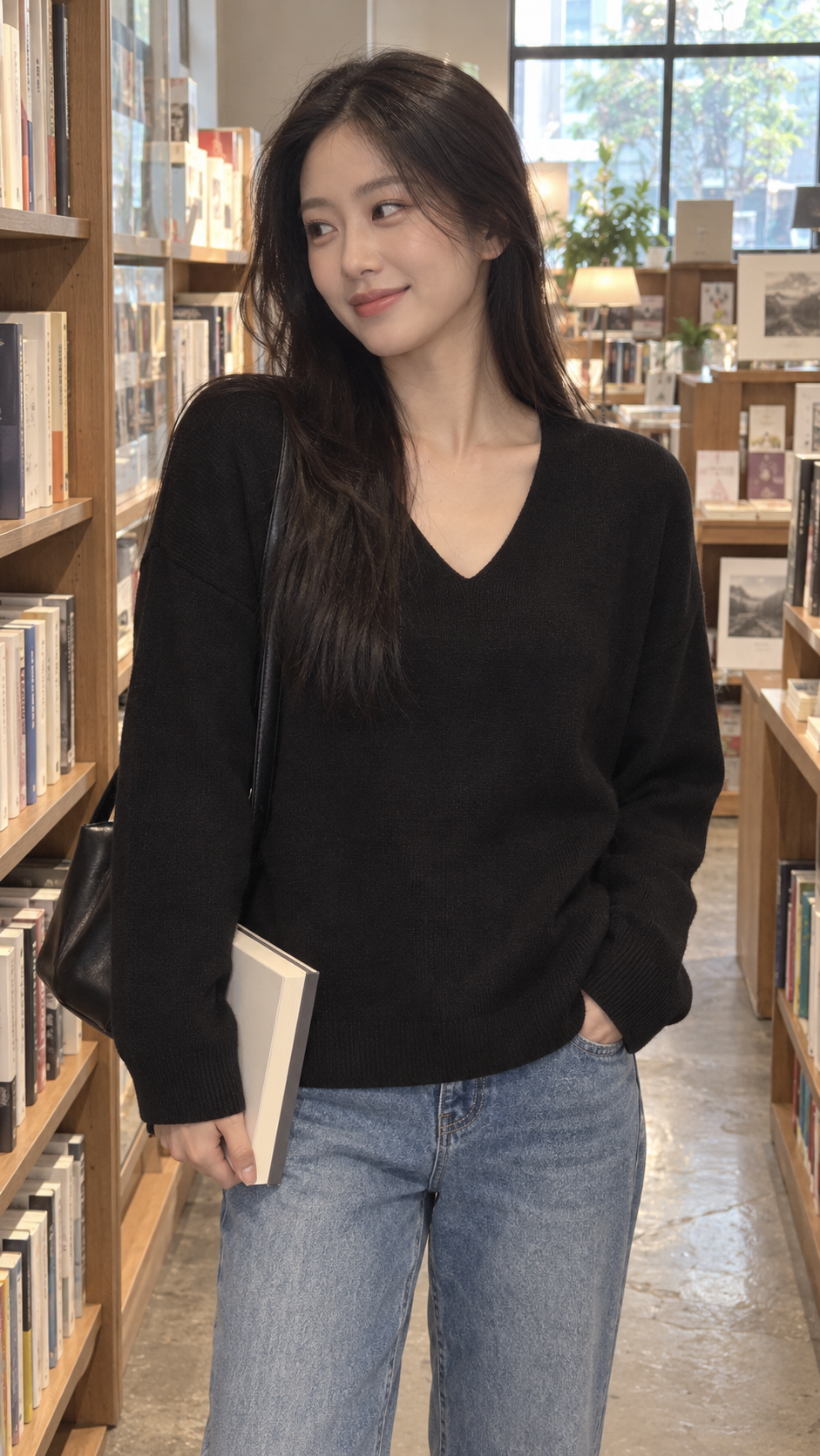 AI-styled look: Cozy Line V‑Neck Relaxed Knit Sweater in Black — Bookshop browse
