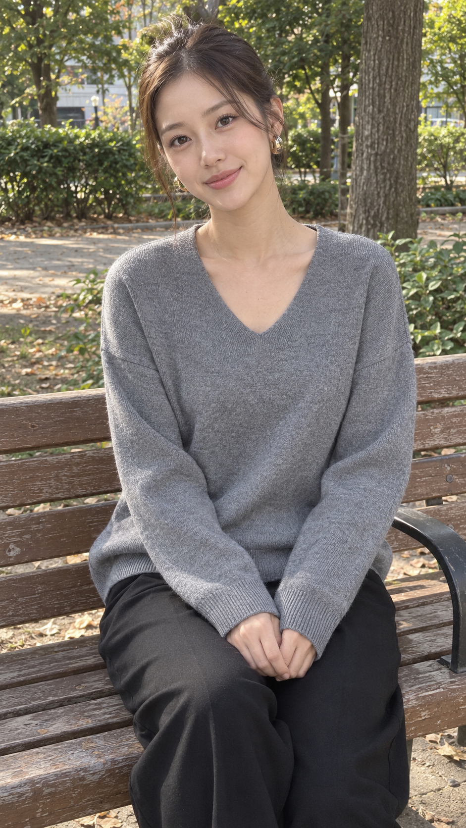 AI-styled look: Cozy Line V‑Neck Relaxed Knit Sweater in Dark Gray — Park bench pause