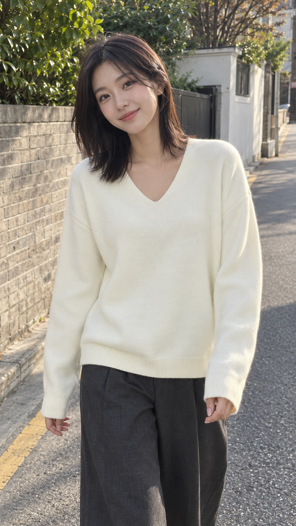 AI-styled look: Cozy Line V‑Neck Relaxed Knit Sweater in Milky White — Weekend sidewalk