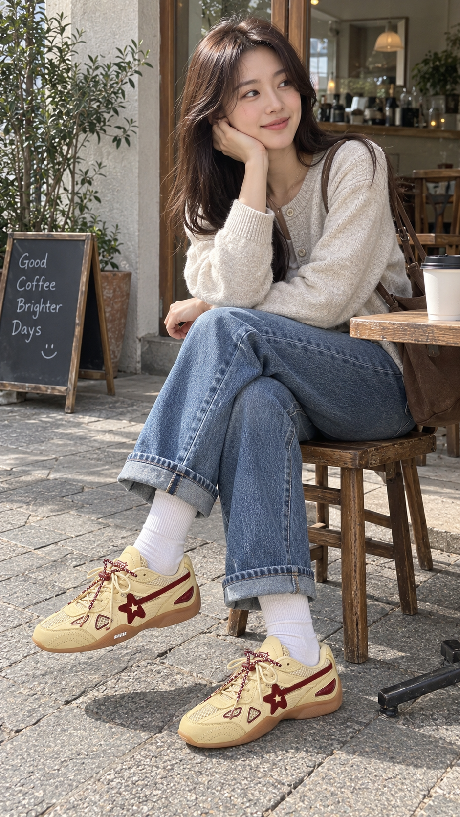 AI-styled look: Cream Star Retro Running Sneakers — Cafe pause