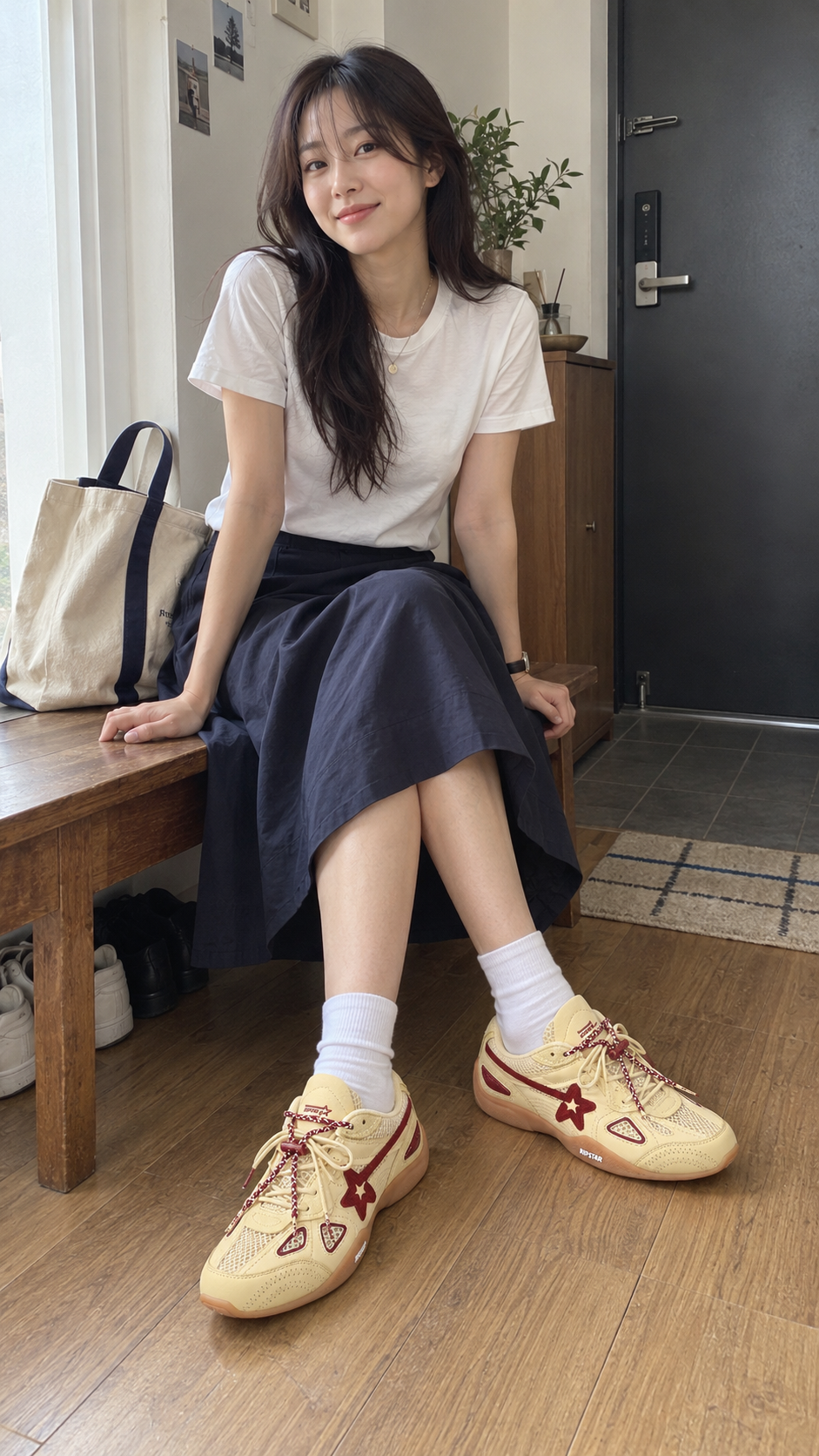 AI-styled look: Cream Star Retro Running Sneakers — Apartment entryway