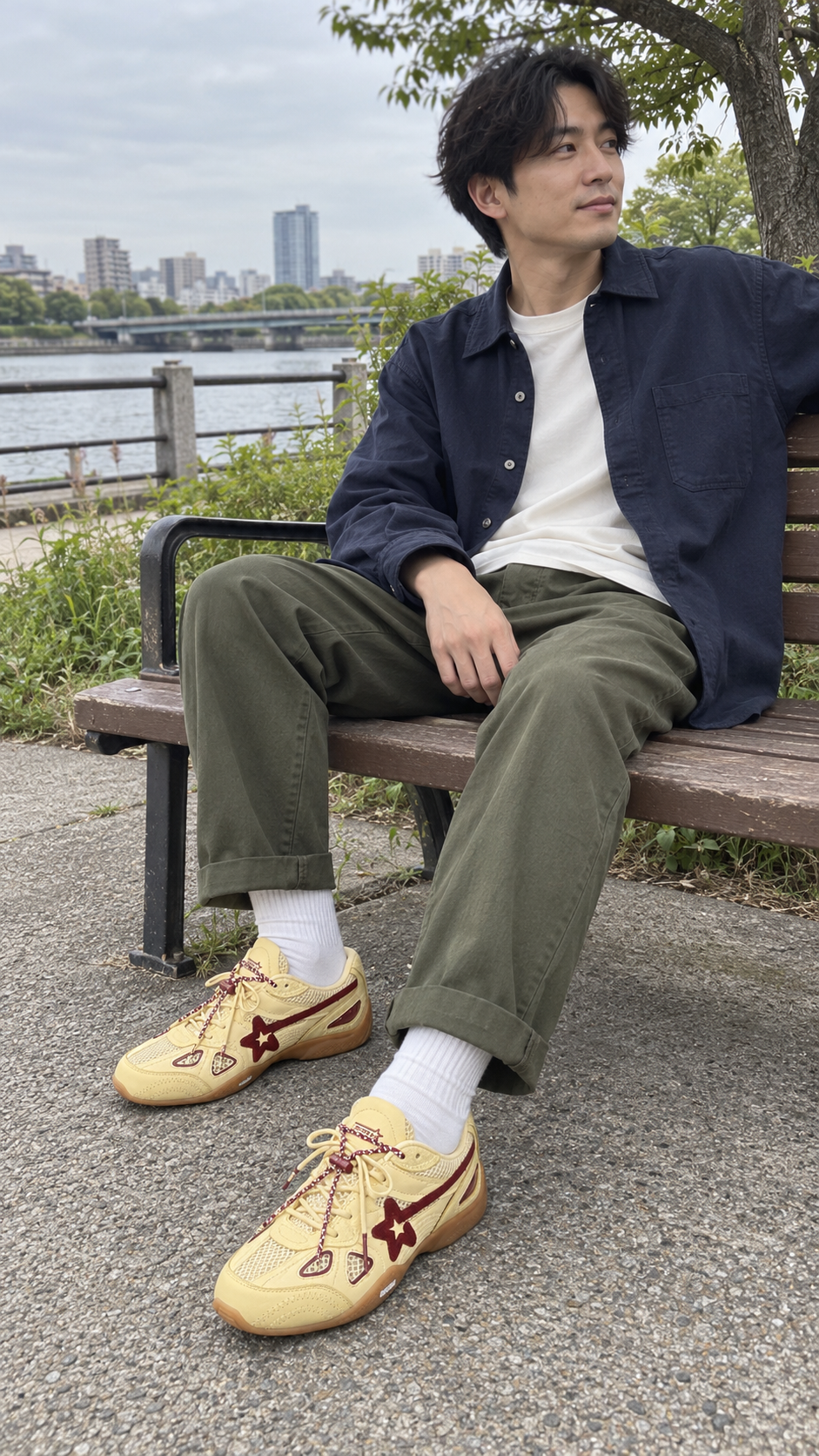 AI-styled look: Cream Star Retro Running Sneakers — Riverside bench