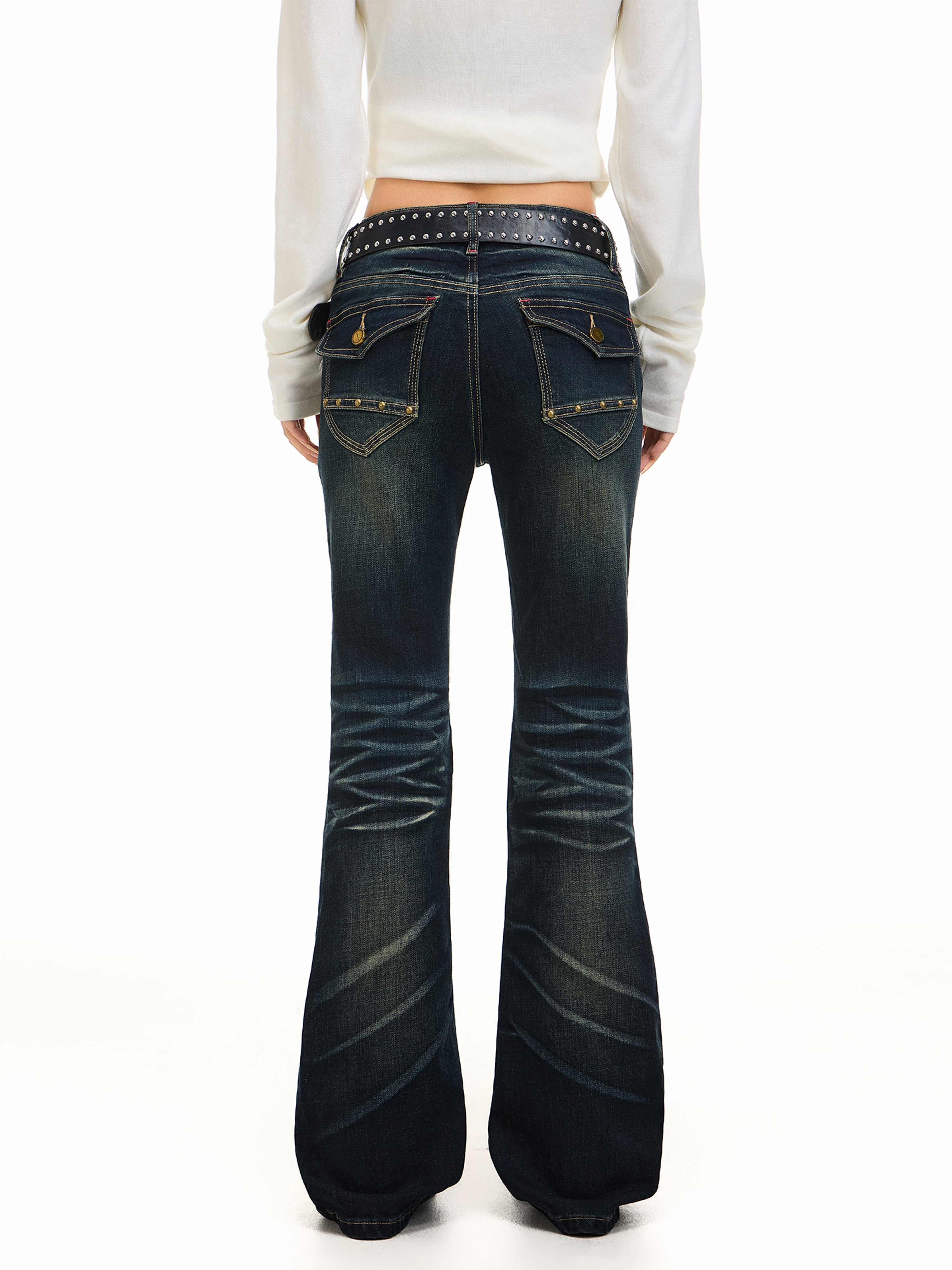 Dark blue cross rhinestone flared jeans back view