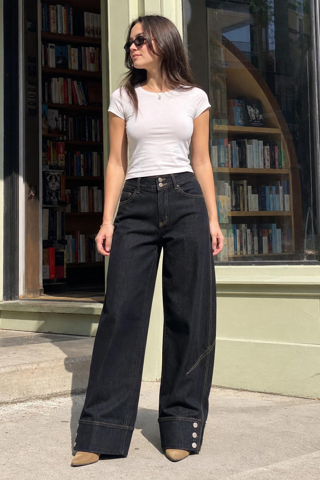 Wide-Leg Jeans with Cuffed Hems and Button Details UGC showcase replacement slot 1