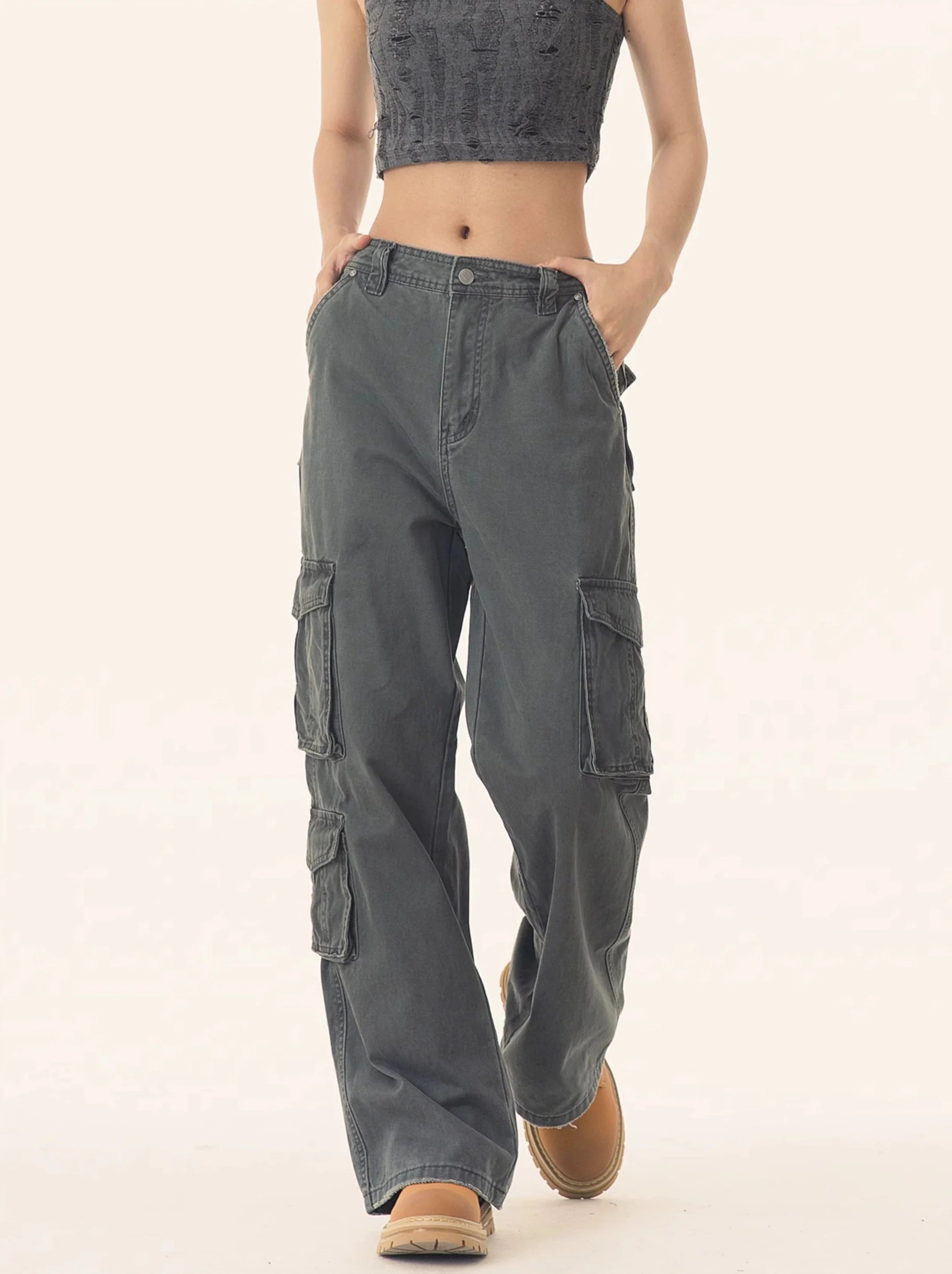 Straight Leg Cargo Pants with Multiple Side Pockets