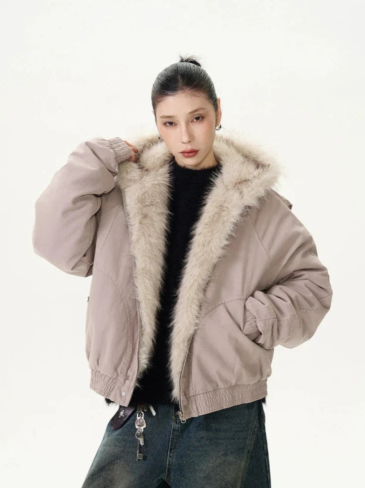 Fur-Trimmed Hooded Bomber Jacket