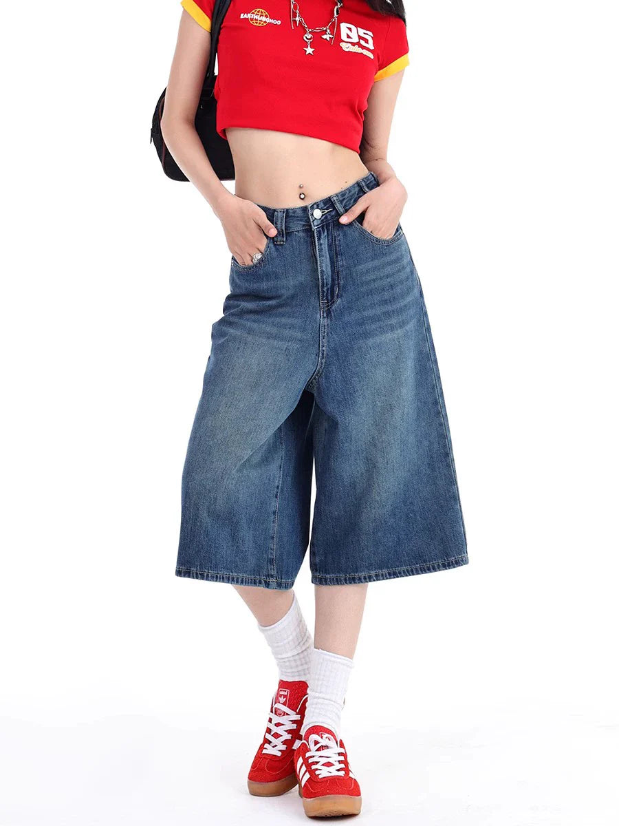 High Waist Denim Culotte Shorts