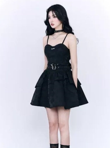 Fragile Heart Black Tiered Mini Dress with Belted Waist