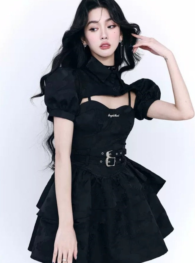 Fragile Heart Black Tiered Mini Dress with Belted Waist