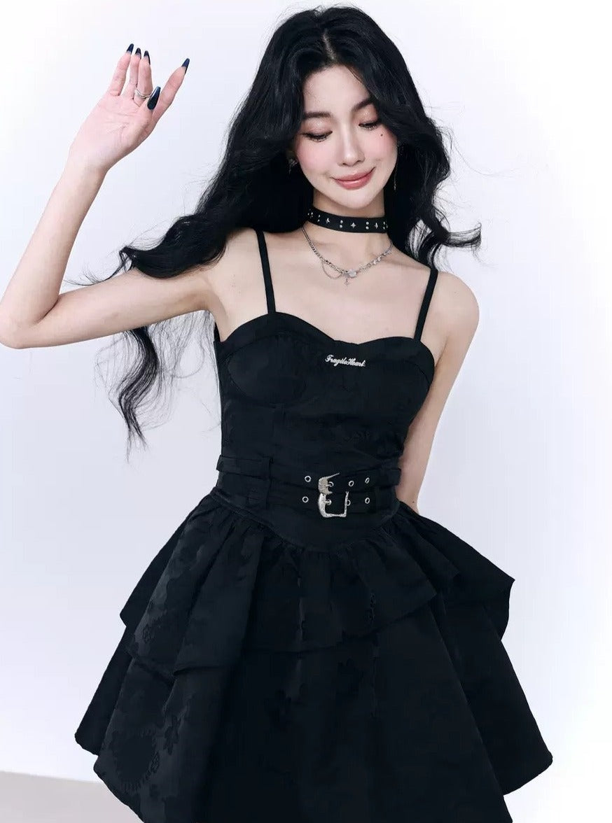 Fragile Heart Black Tiered Mini Dress with Belted Waist