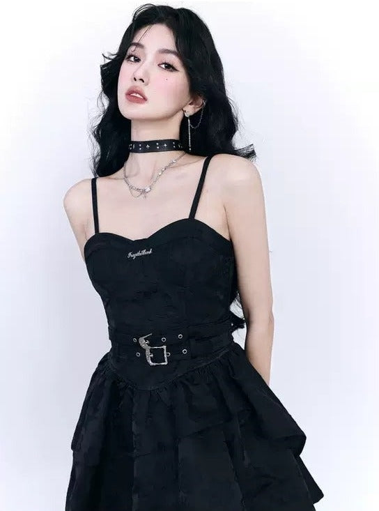 Fragile Heart Black Tiered Mini Dress with Belted Waist