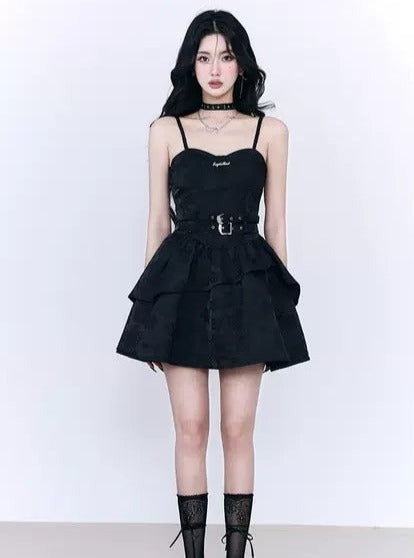 Fragile Heart Black Tiered Mini Dress with Belted Waist