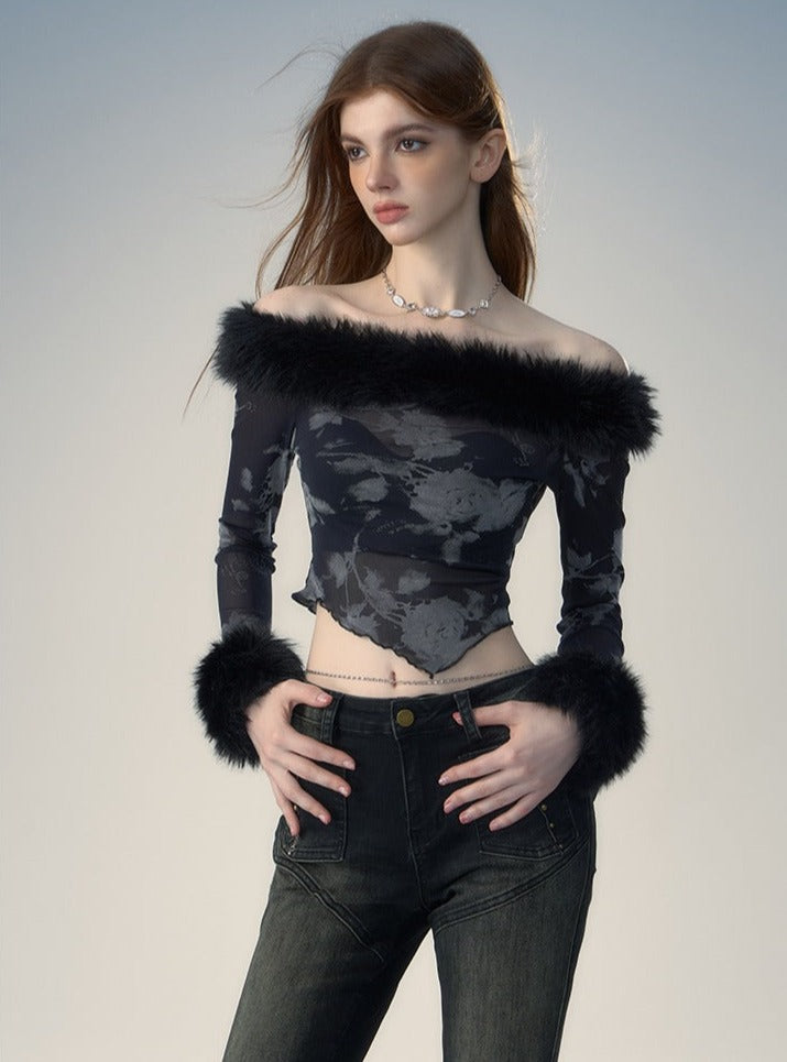 Fur Collar Long Sleeve T-Shirt - chiclara