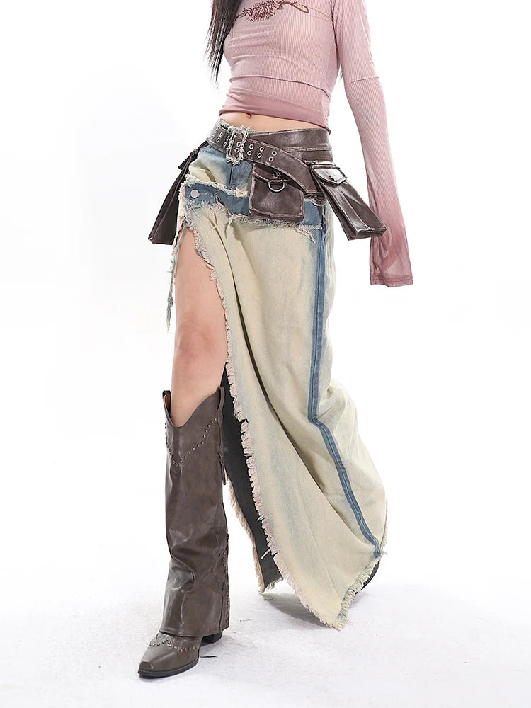 Distressed Denim Cowgirl Slit Skirt