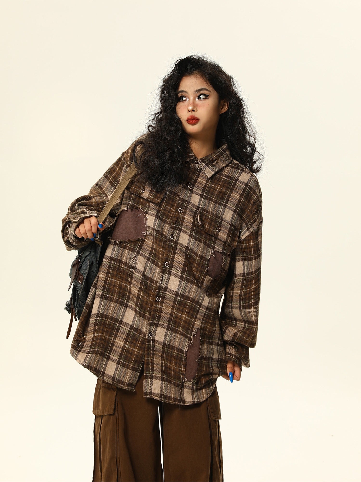 Oversized Distressed Plaid Flannel Shirt with Intentional Patches