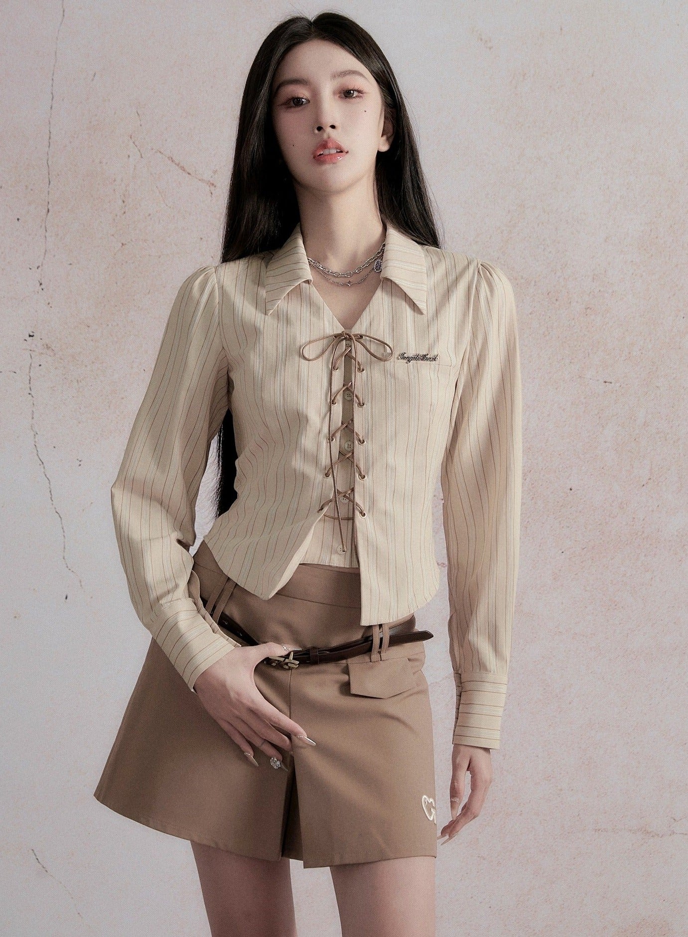 Vintage-Inspired Lace-Up Cropped Blazer - Pinstripe Collared Jacket in Light Blue and Beige