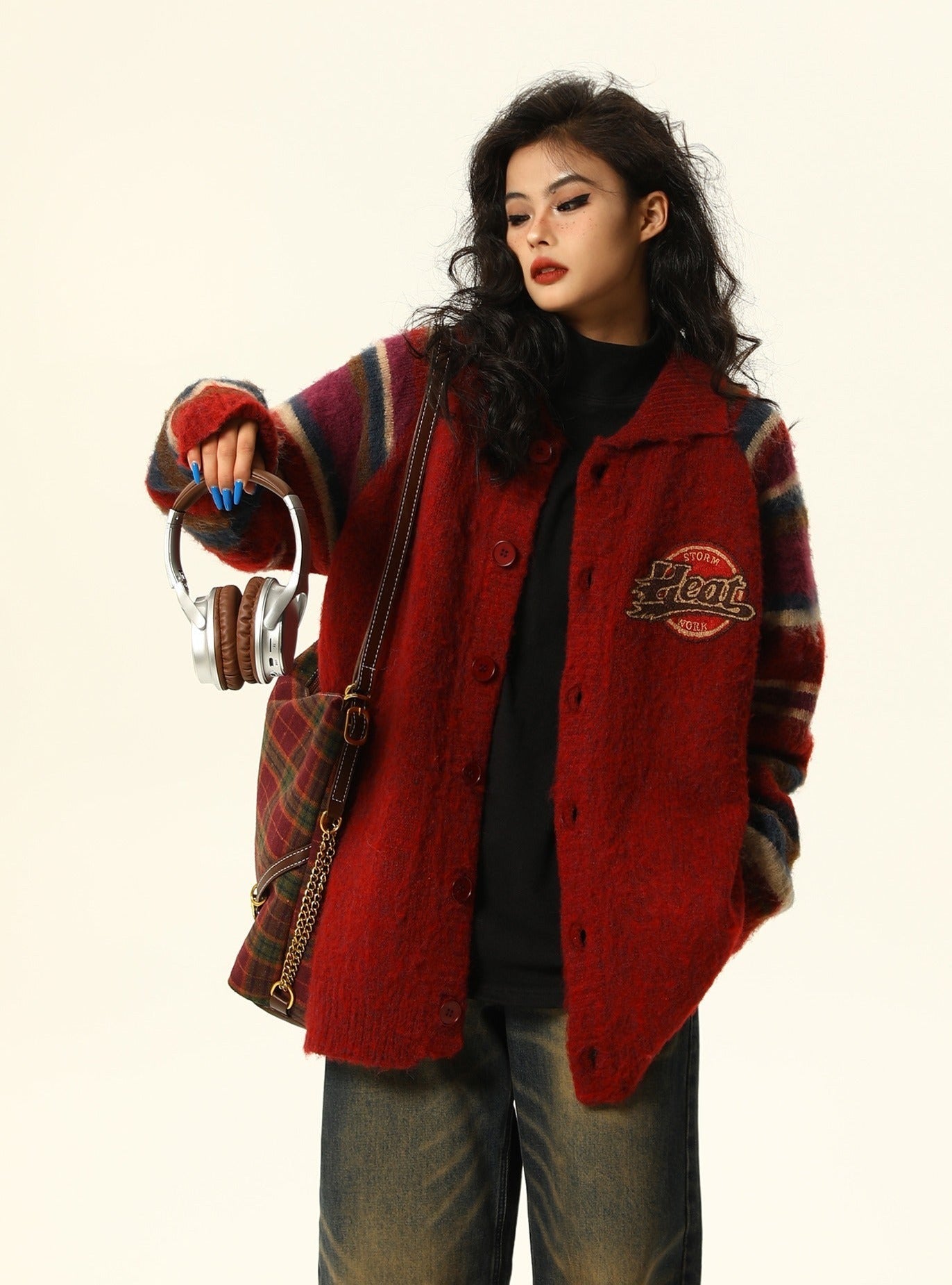 Vintage-Style Varsity Wool Cardigan Coat