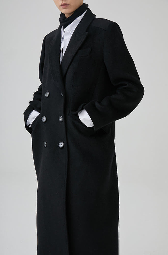 Winter Double-Breasted Mid-Length Black Wool Coat In Hepburn Style - chiclara