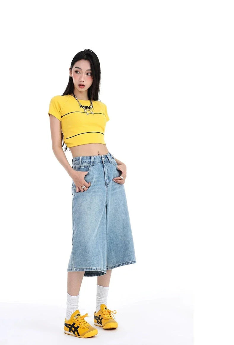 High Waist Denim Culotte Shorts