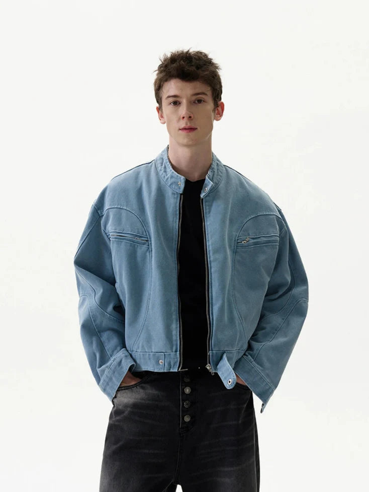 Mid Crop Light Denim Bomber Jacket