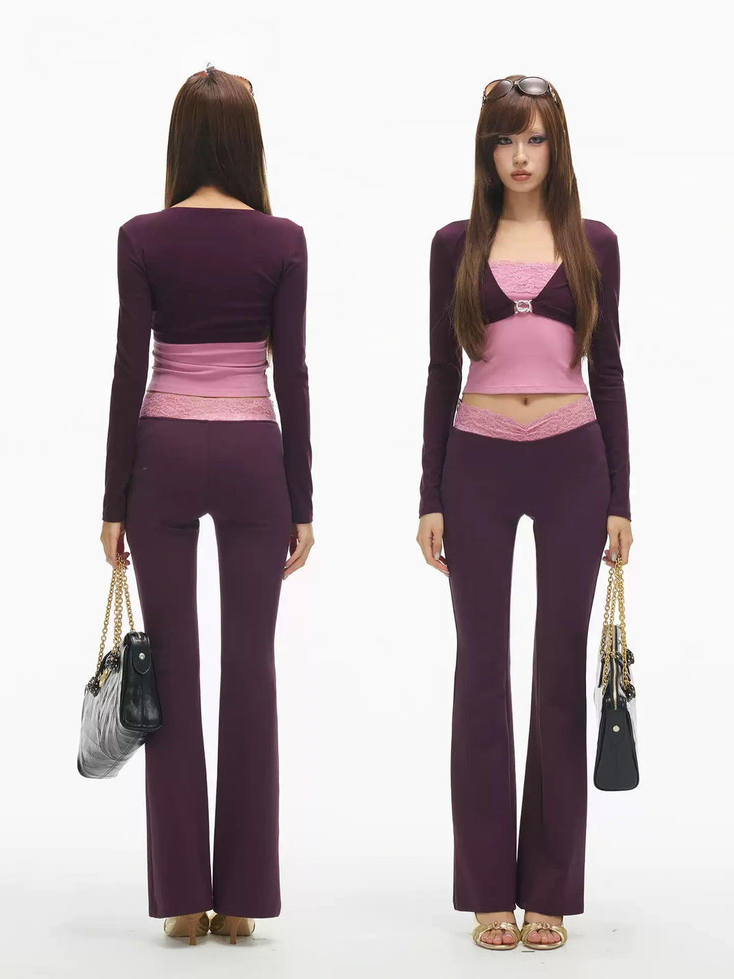 Plum Clasp Cardigan with Pink Lace-Trim Bandeau - view 5
