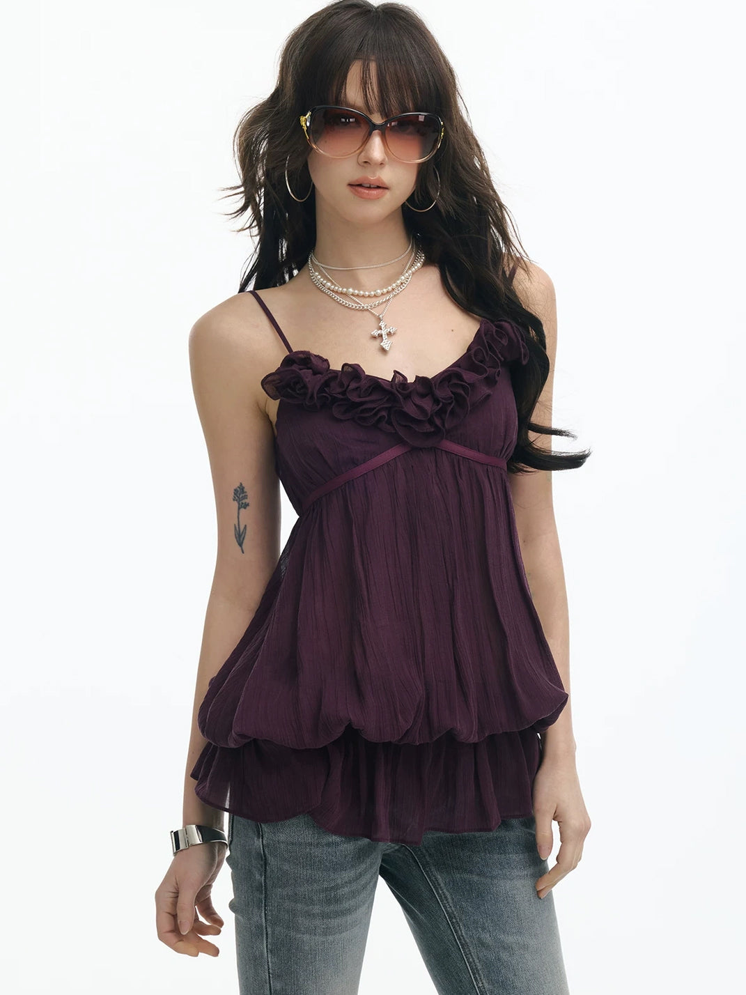 Purple Rosette Ruffle V-Neck Camisole - view 3