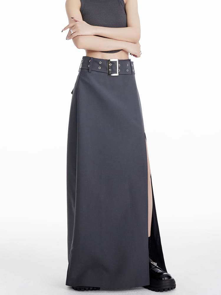 Maxi Skirt with Side Slit and Grommet Belt