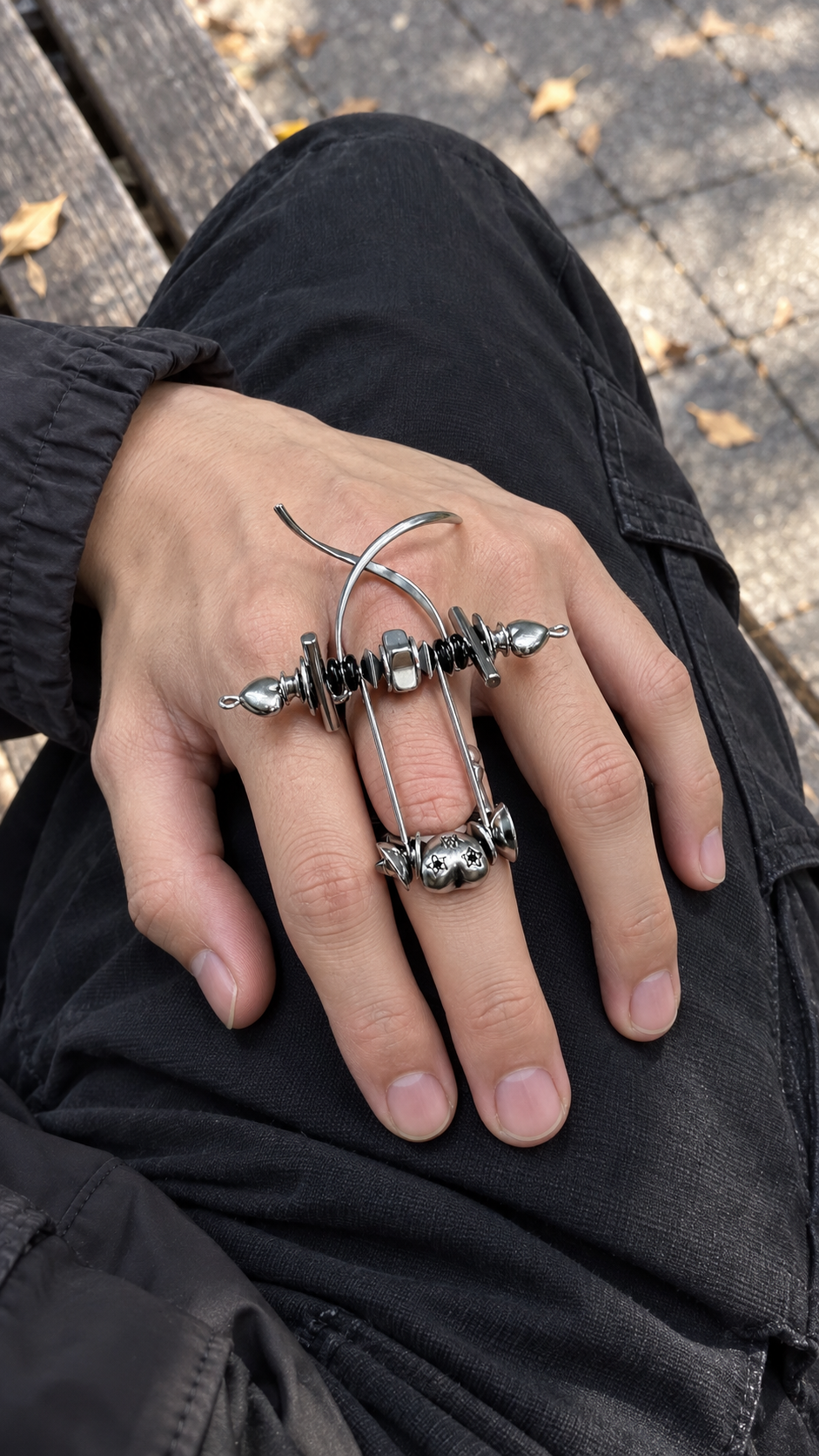 AI-styled look: Danger Signal Adjustable Ring — Park bench