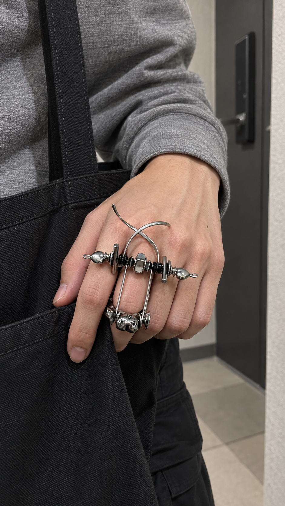 AI-styled look: Danger Signal Adjustable Ring — Hallway tote