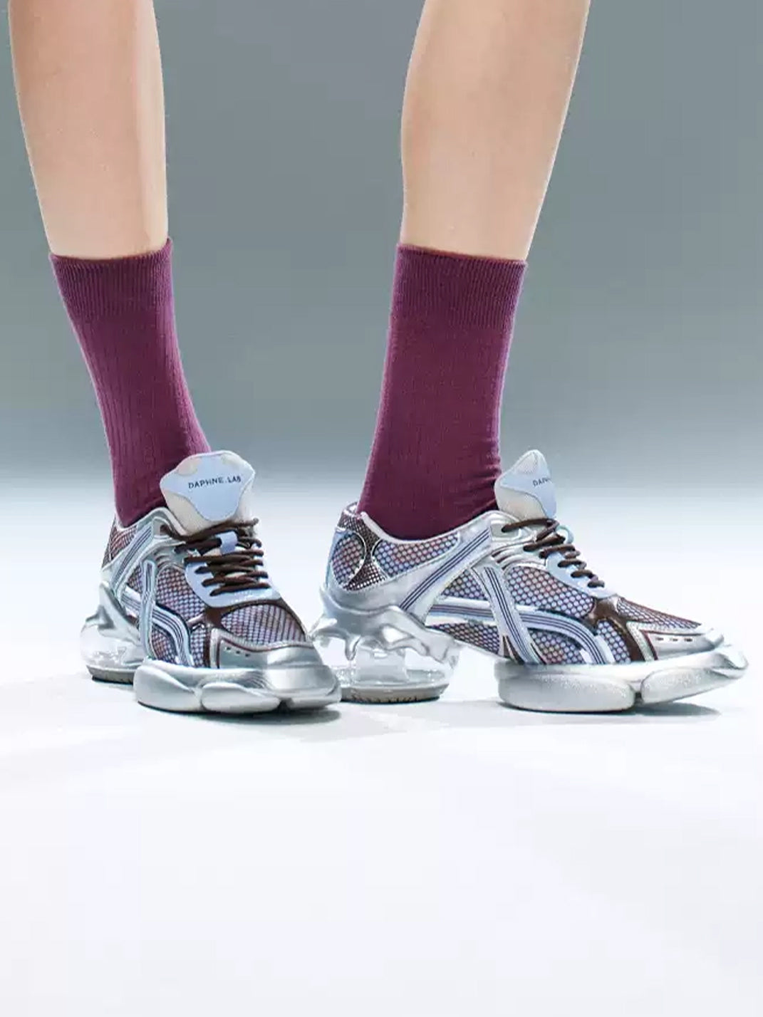 Silver-Blue Mesh Sculpted Runner Sneakers - View 2