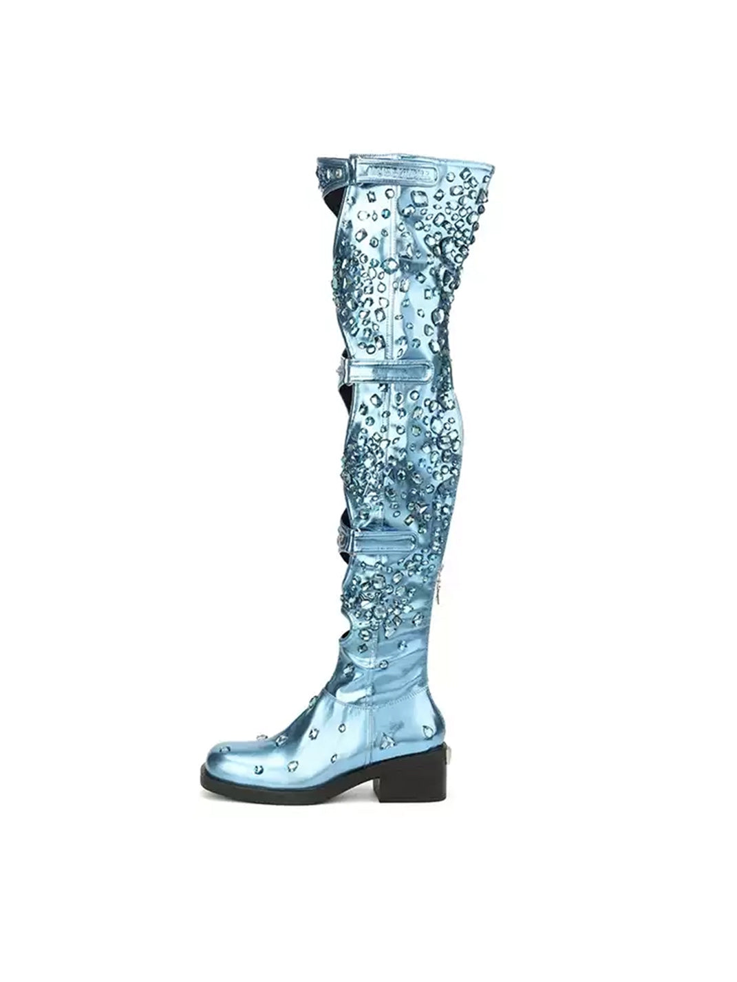 Blue Rhinestone Cutout Over-the-Knee Boots